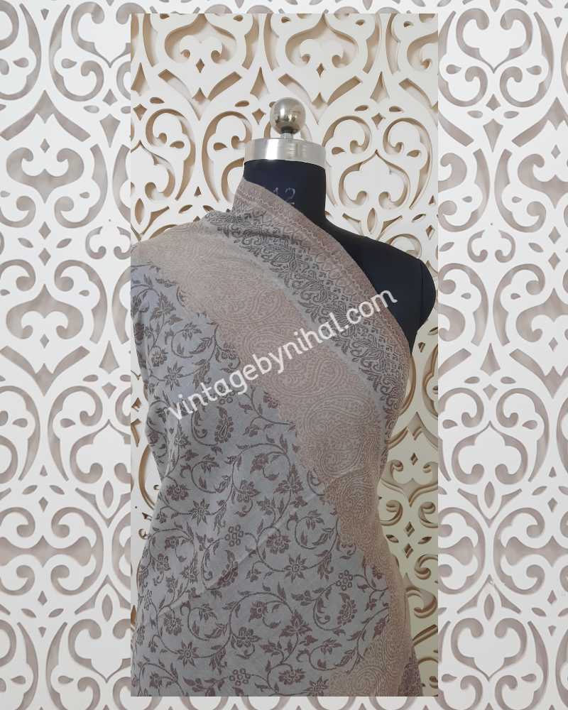 Pure Pashmina Natural Ivory Double Border Butti Kani Shawl 